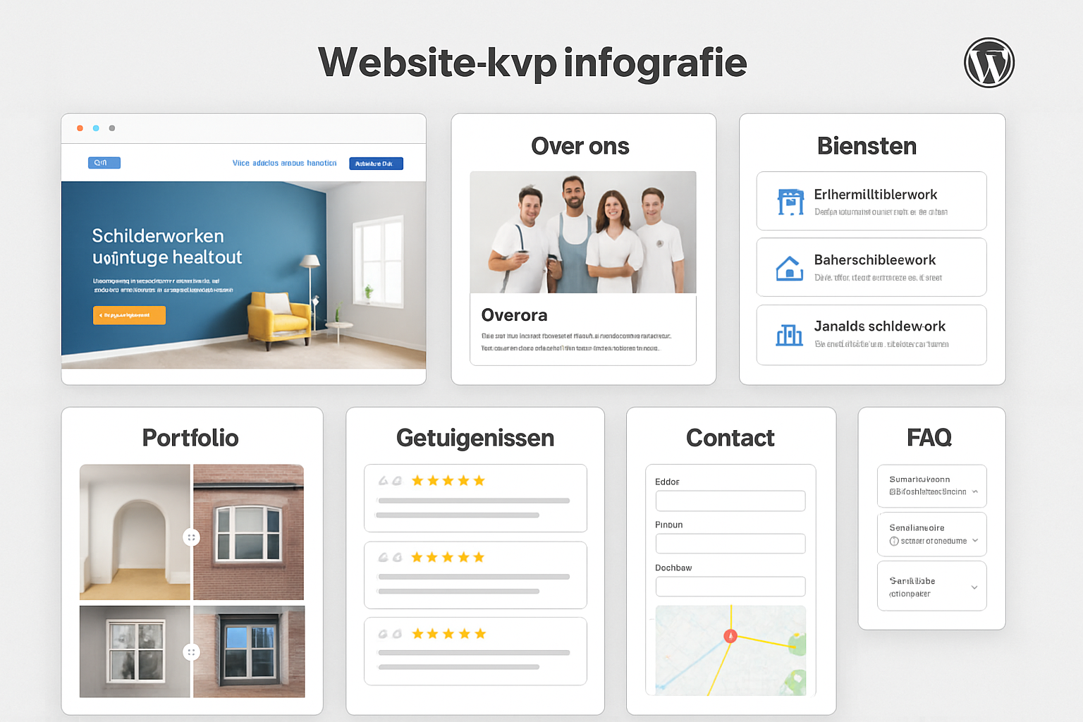Comprehensive landscape infographic (1536x1024) displaying essential website pages for schildersbedrijf in modular grid layout: homepage moc