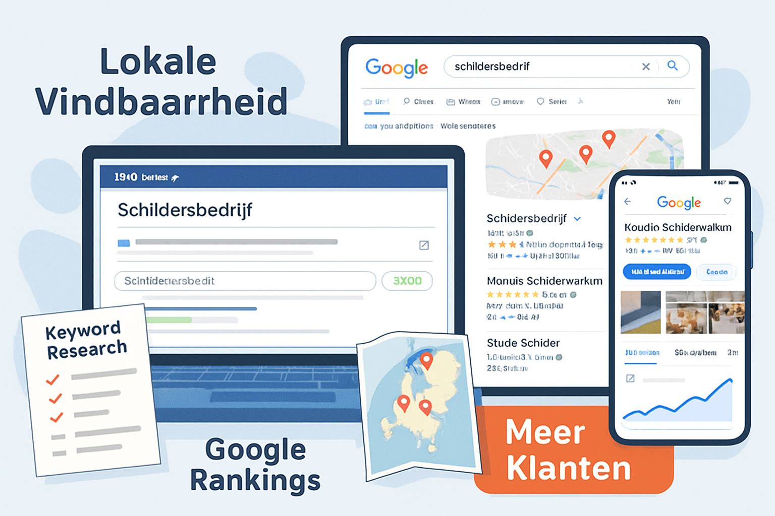 Detailed landscape image (1536x1024) showing SEO optimization concept for schildersbedrijf website: center displays laptop screen with WordP