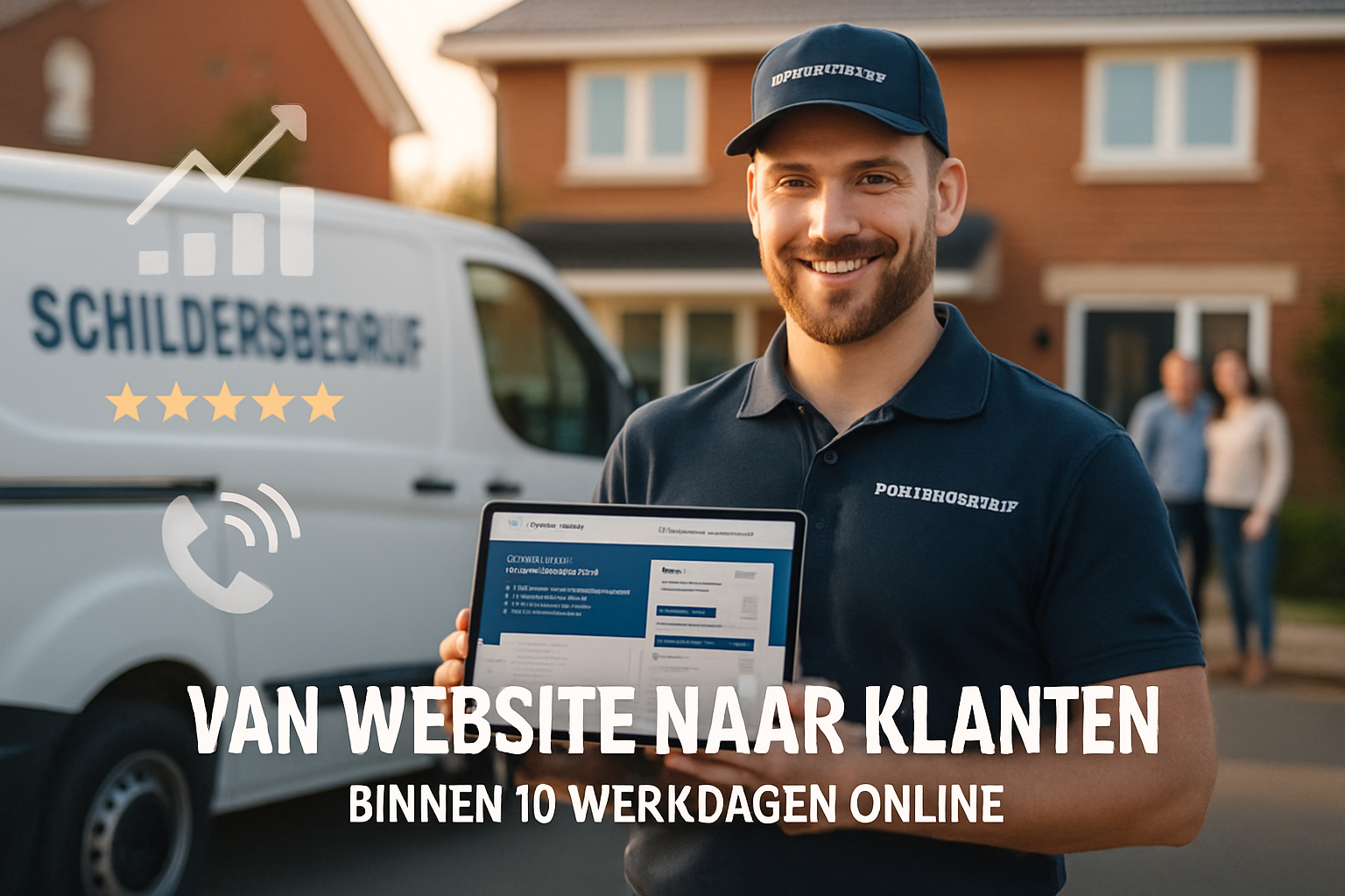 Professional landscape photograph (1536x1024) showing successful schildersbedrijf owner in branded work clothing standing confidently in fro