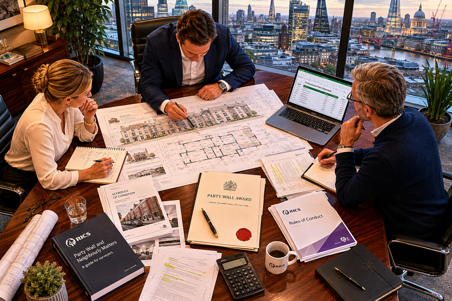 Detailed () showing a formal boardroom scene viewed from above (bird's-eye perspective): three surveyors seated at a