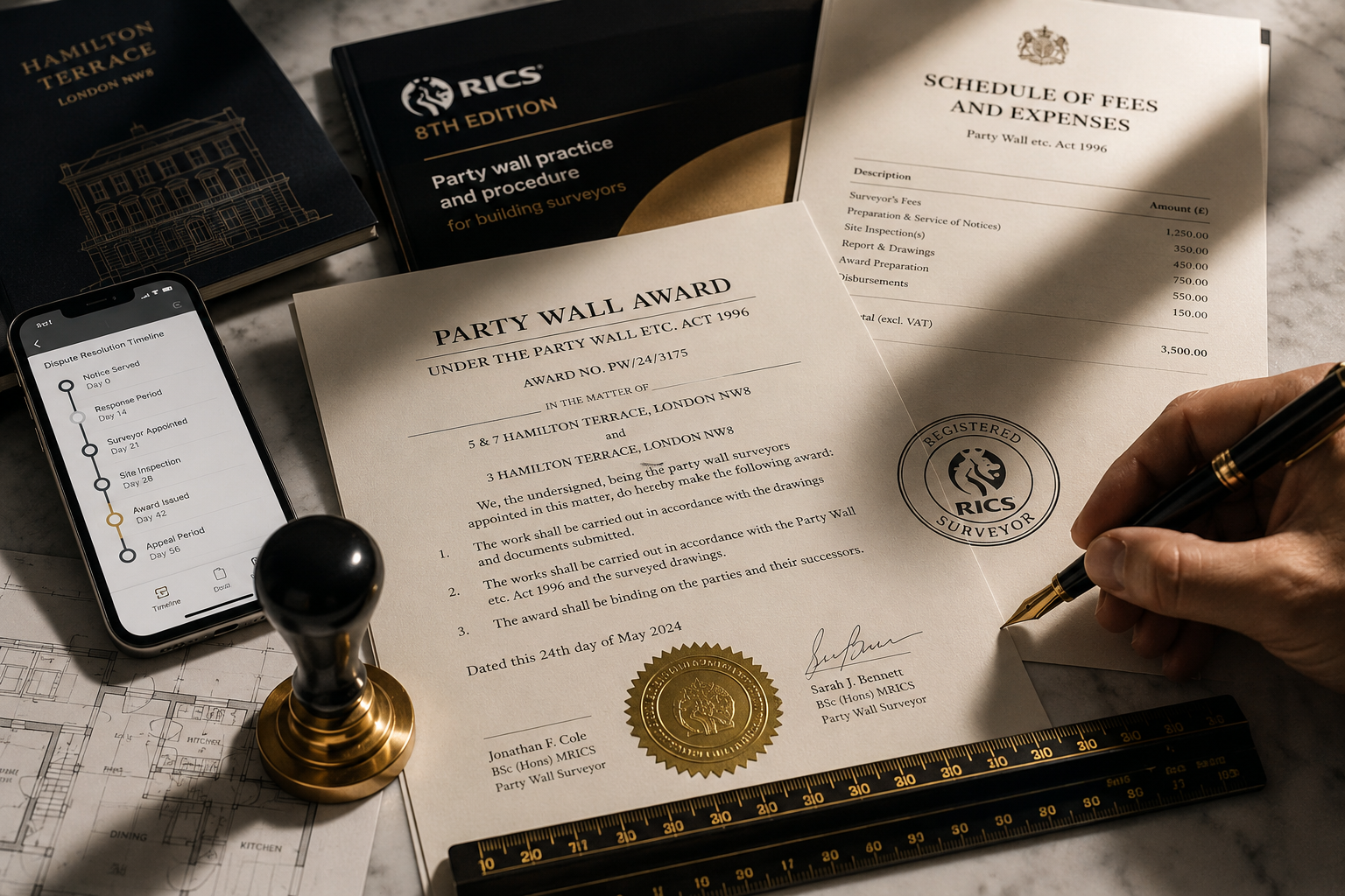 Detailed () close-up macro shot of official party wall legal documents and surveyor tools arranged on a marble desk: stamped