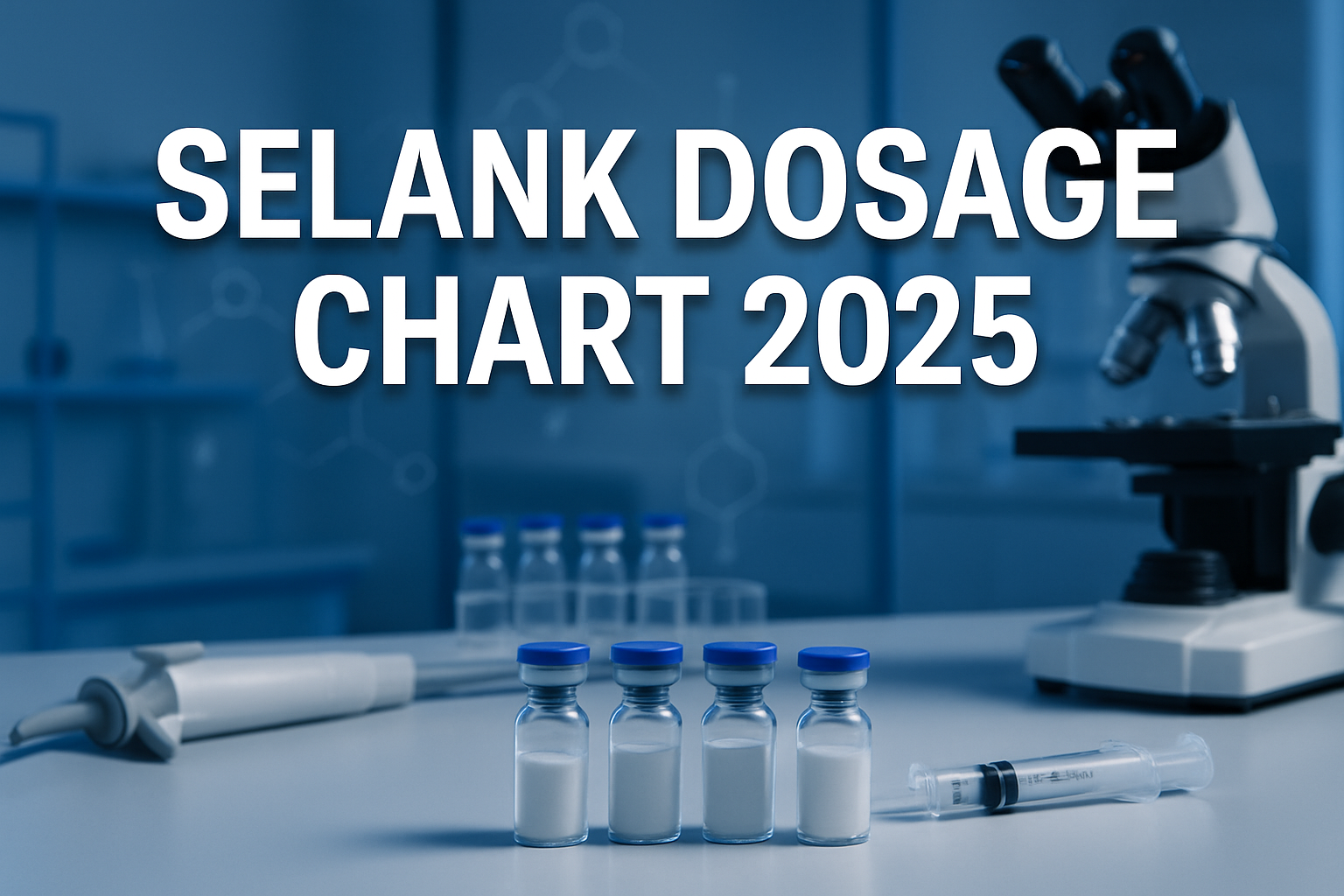 Professional landscape hero image (1536x1024) featuring bold text overlay 'Selank Dosage Chart 2025' in extra large 72pt white sans-serif fo