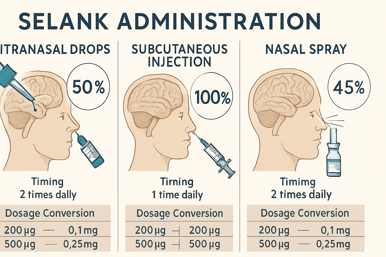 Detailed visual comparison chart displaying different Selank administration methods - intranasal drops, subcutaneous injection, and nasal sp