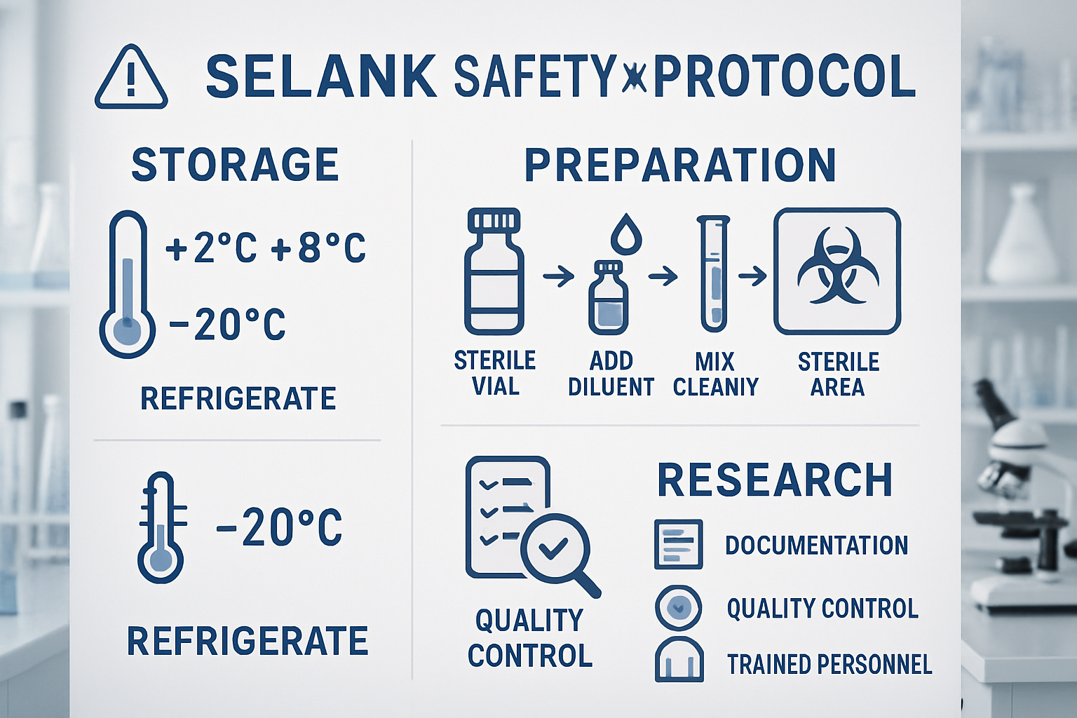 Professional laboratory safety and protocol infographic featuring Selank storage requirements, preparation guidelines, and research best pra