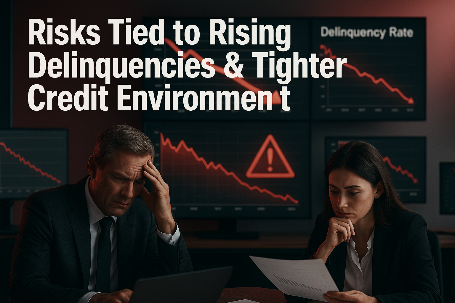 Professional landscape hero image (1536x1024) featuring bold text overlay 'Risks Tied to Rising Delinquencies & Tighter Credit Environment' 