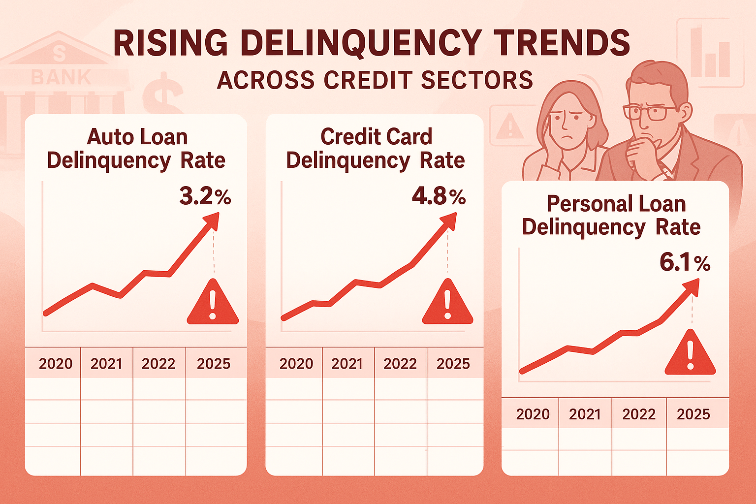 Detailed infographic landscape image (1536x1024) showing rising delinquency trends across different credit sectors. Features multiple line c