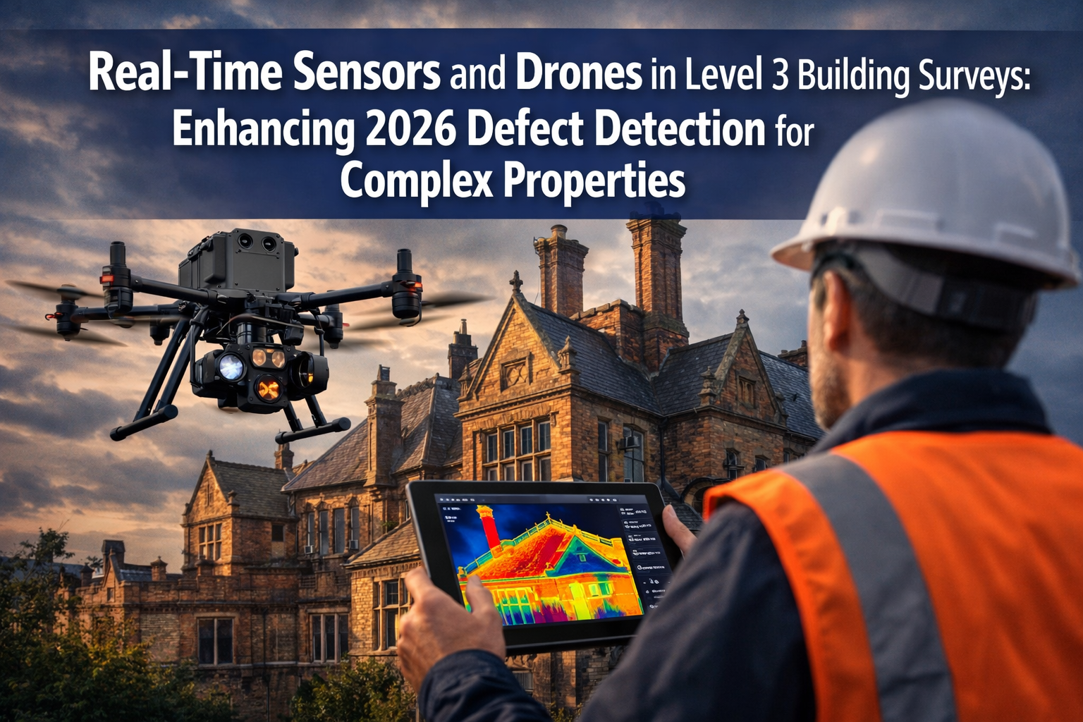 Professional () hero image with : 'Real-Time Sensors and Drones in Level 3 Building Surveys: Enhancing 2026 Defect Detection