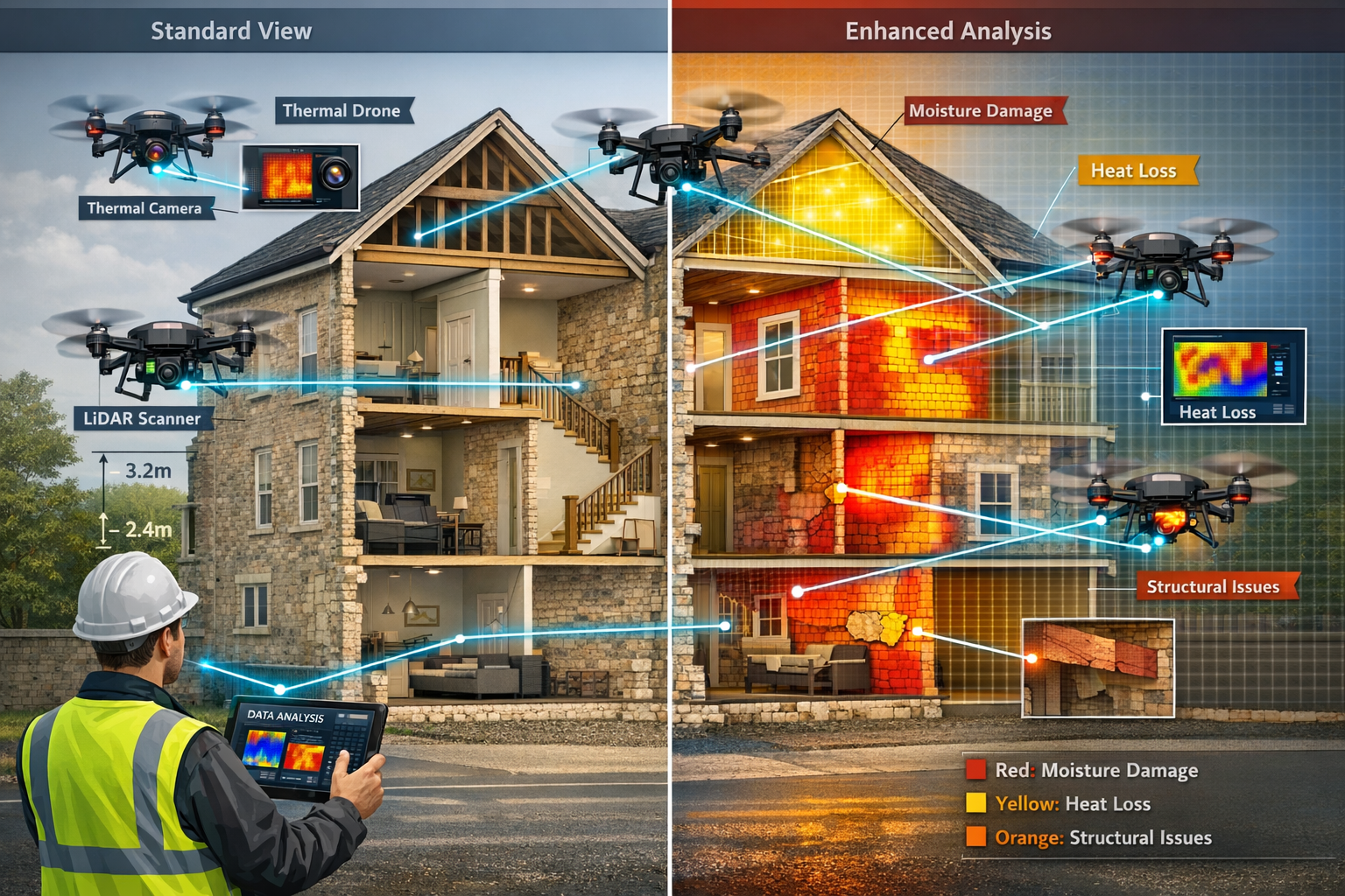 () detailed technical illustration showing cutaway view of complex multi-story heritage property with transparent walls