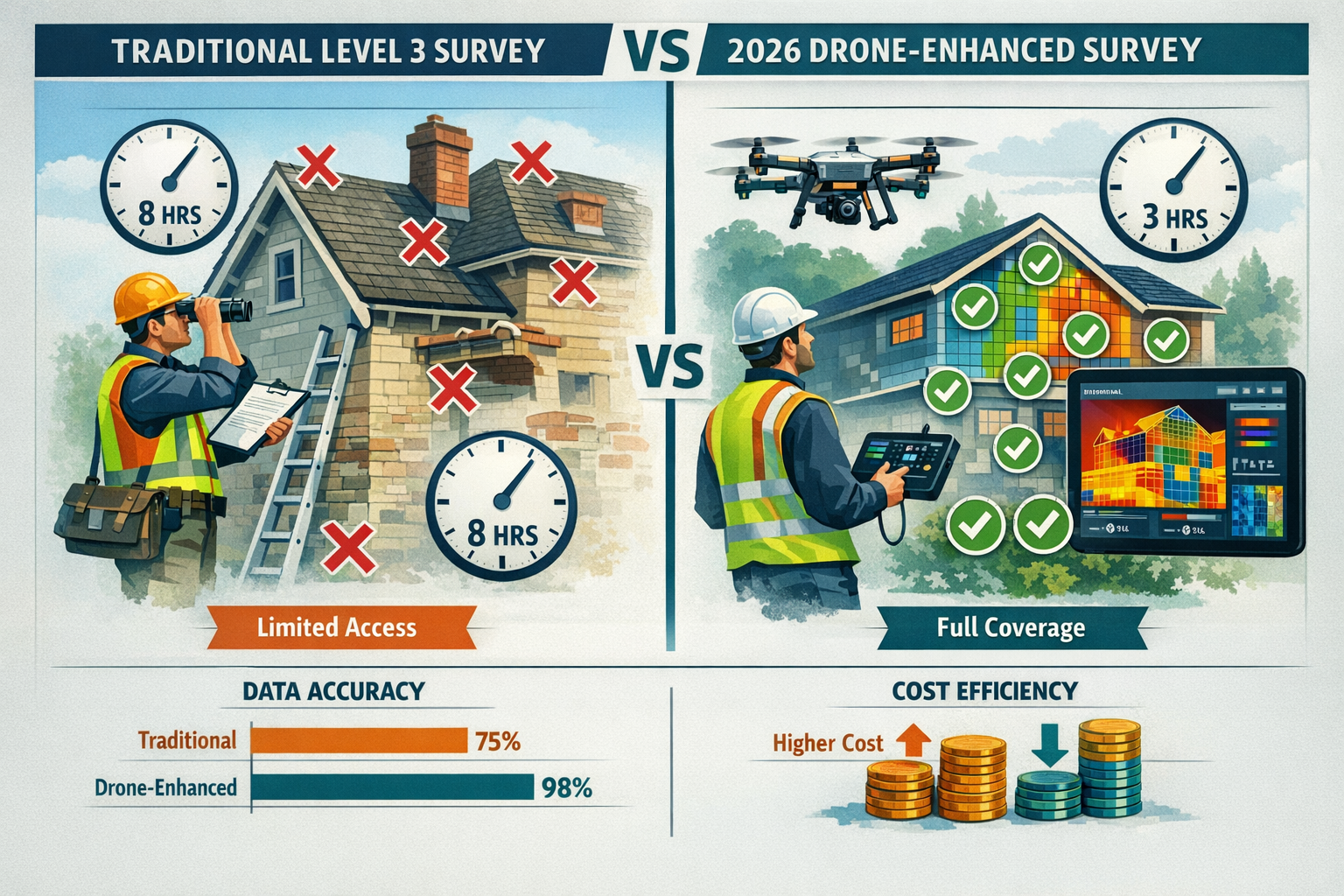 () comparison infographic showing traditional Level 3 survey methodology versus 2026 drone-enhanced approach. Left side: