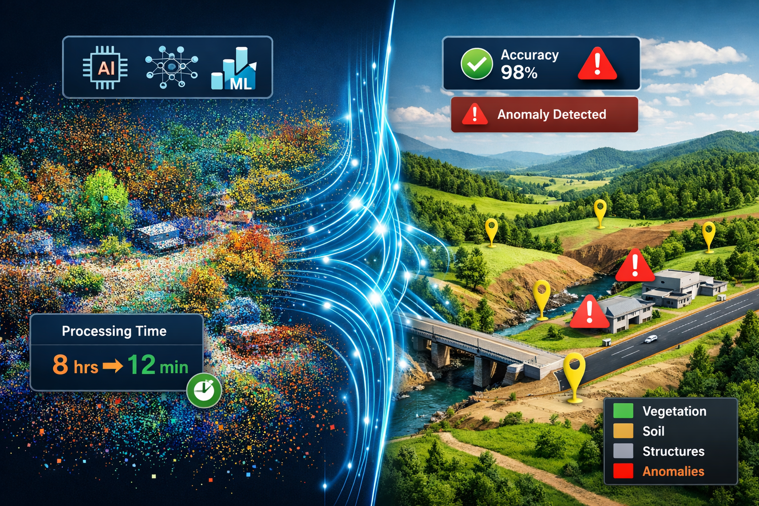 Detailed landscape format (1536x1024) illustration showing AI-powered data processing workflow in land surveying. Split-screen composition w