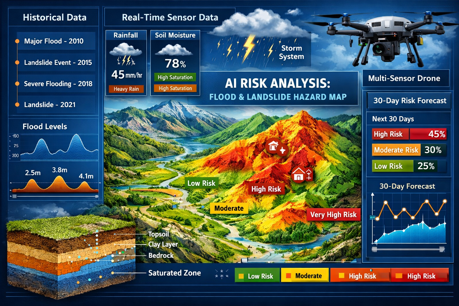 Detailed landscape format (1536x1024) environmental risk prediction visualization showing AI machine learning analysis for flood and landsli