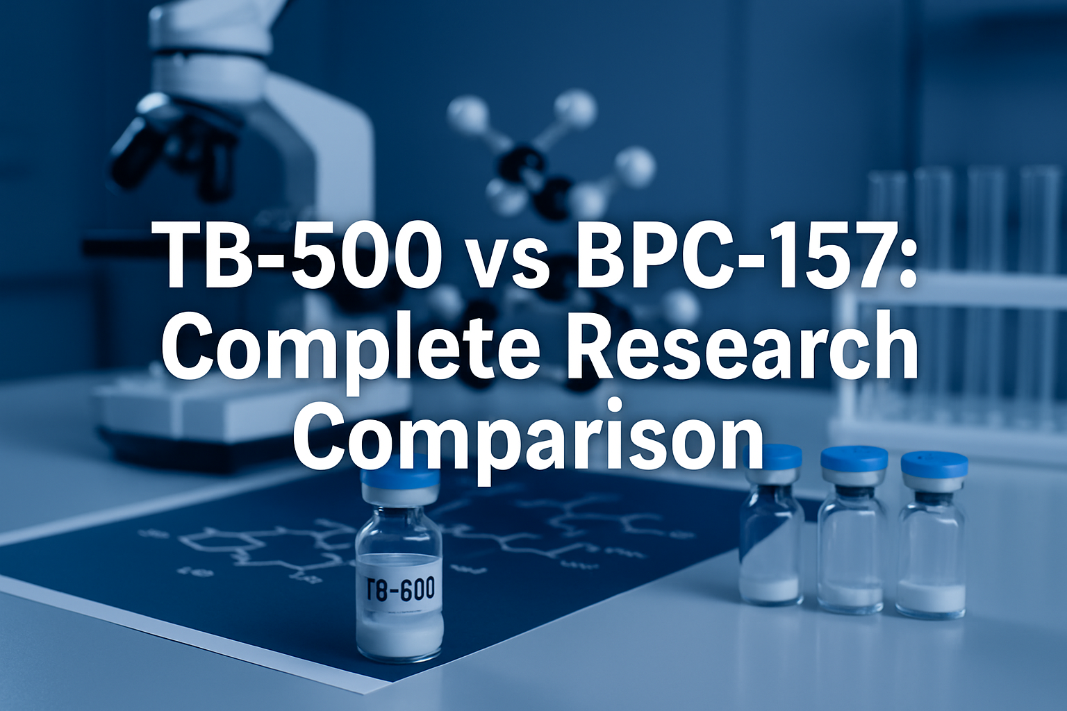 Professional landscape hero image (1536x1024) with bold text overlay 'TB-500 vs BPC-157: Complete Research Comparison' in 70pt white sans-se