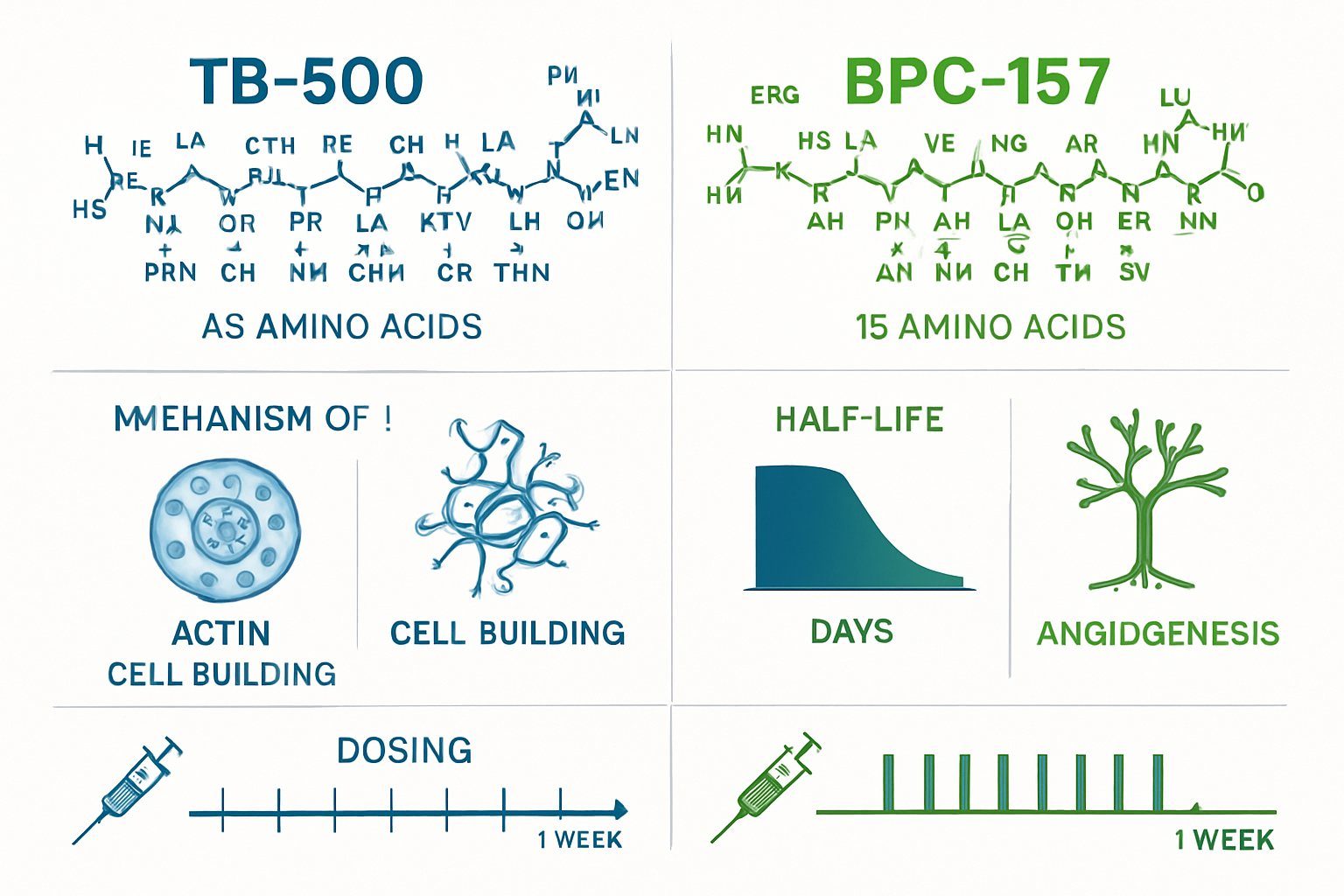Scientific comparison infographic showing TB-500 and BPC-157 molecular structures side by side, with labeled amino acid chains (43 vs 15 ami