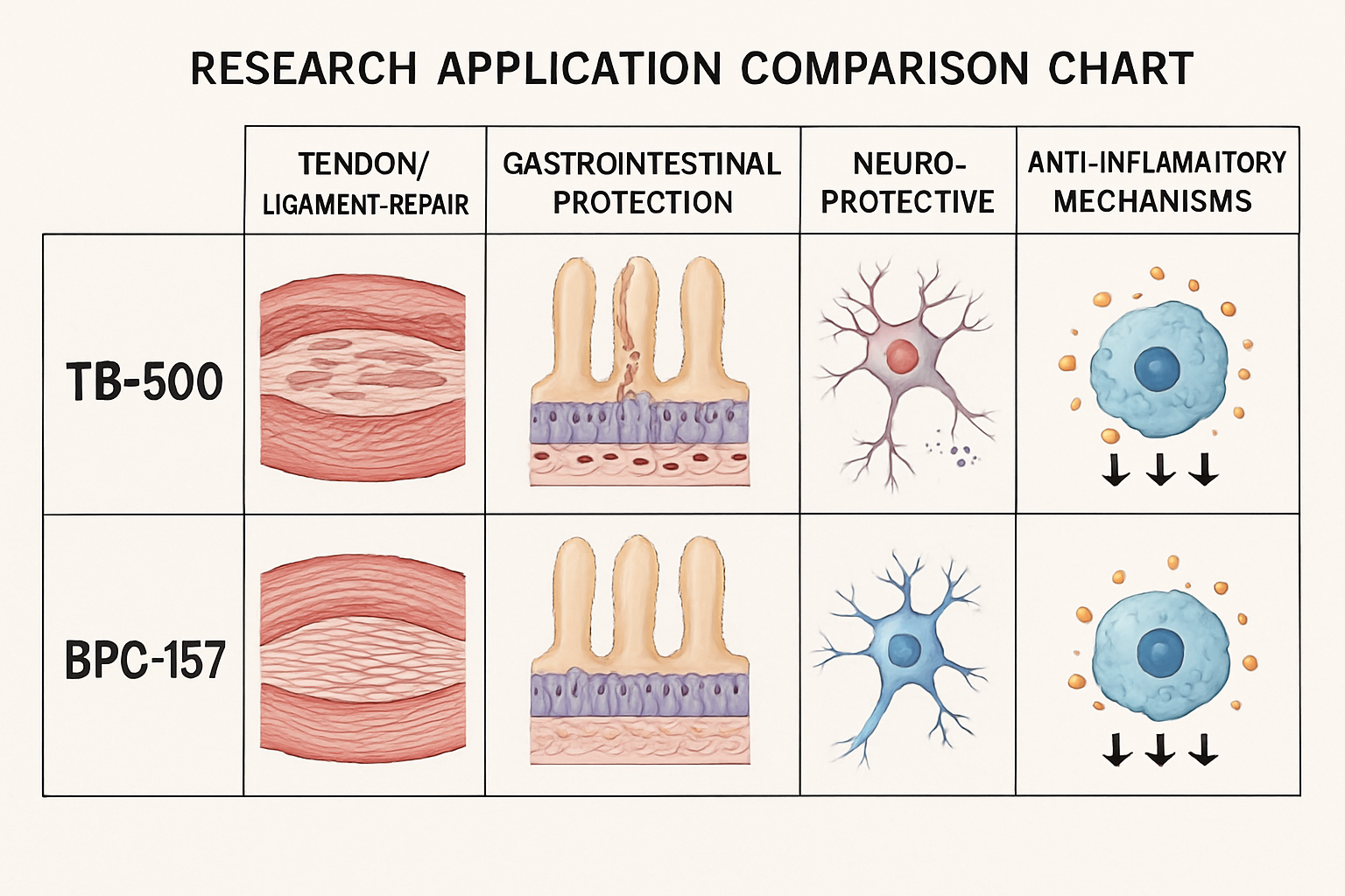 Research application comparison chart displaying TB-500 and BPC-157 therapeutic targets in organized columns: tendon/ligament repair, gastro