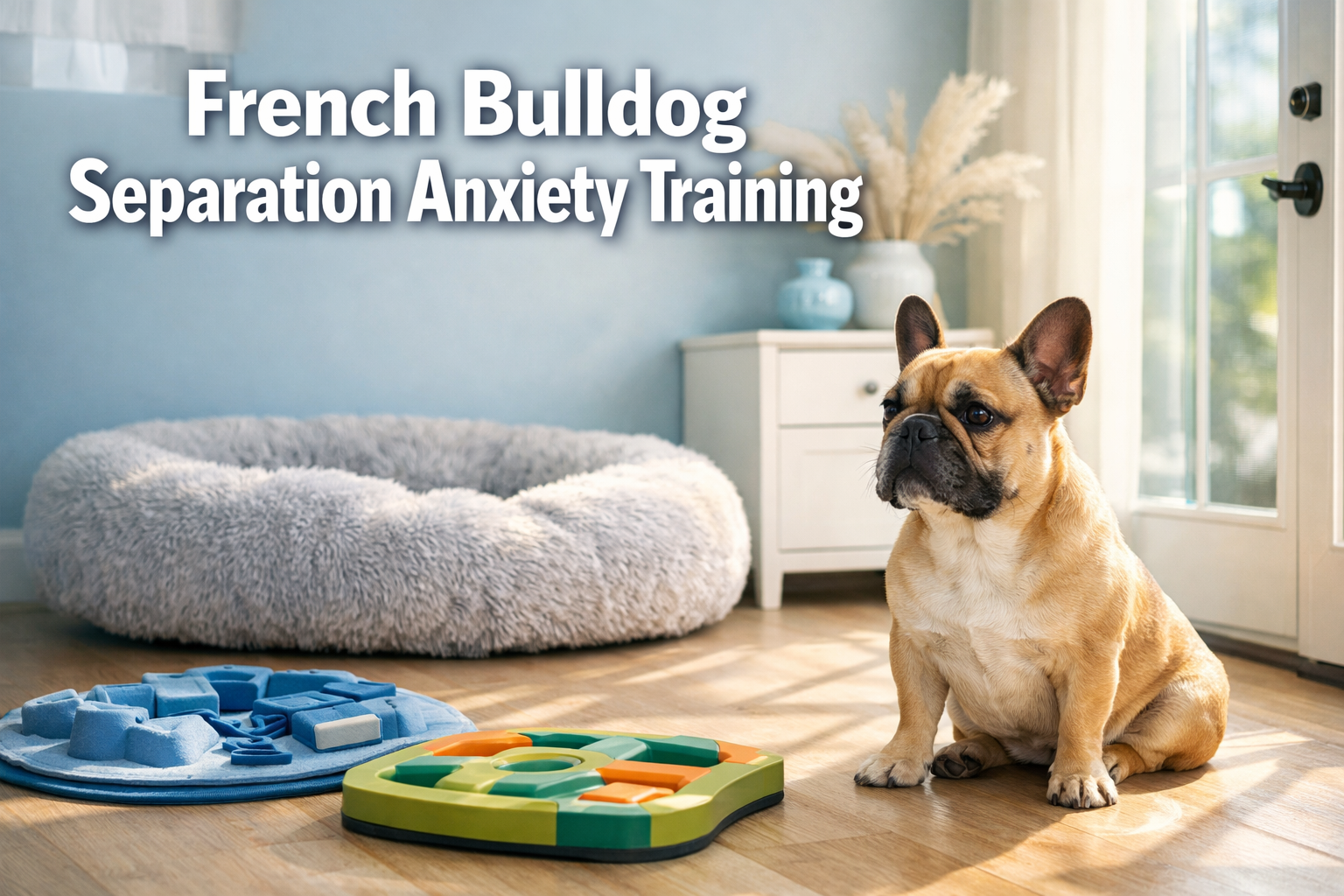 Professional landscape format (1536x1024) hero image featuring bold text overlay 'French Bulldog Separation Anxiety Training' in extra large