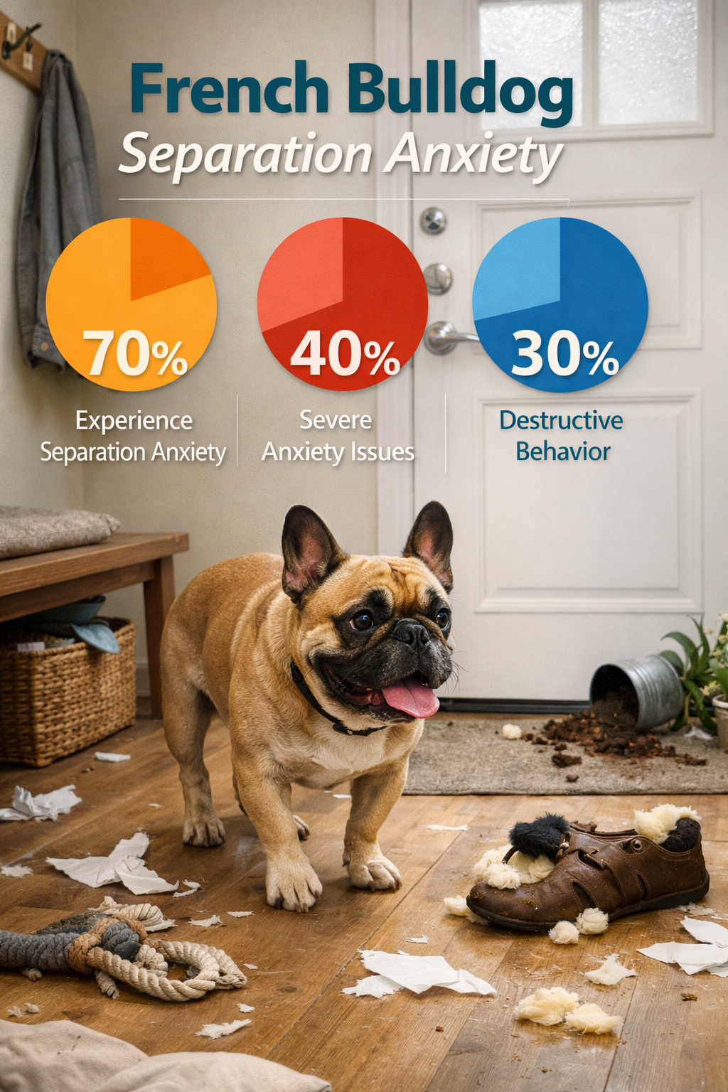 Portrait format (1024x1536) image showing a French Bulldog displaying classic separation anxiety signs - pacing near a front door, slightly 