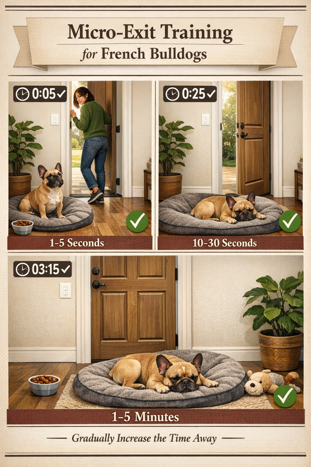 Portrait format (1024x1536) detailed step-by-step visual guide showing the micro-exit training method for French Bulldogs. Split-screen layo
