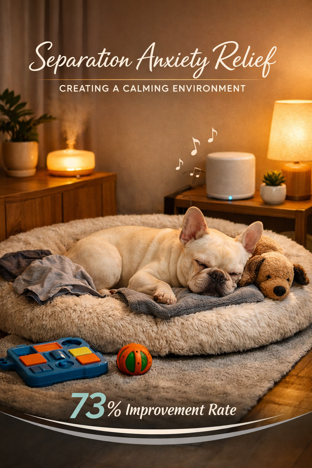 Portrait format (1024x1536) image showcasing environmental modifications for French Bulldog separation anxiety relief. Cozy home setup featu