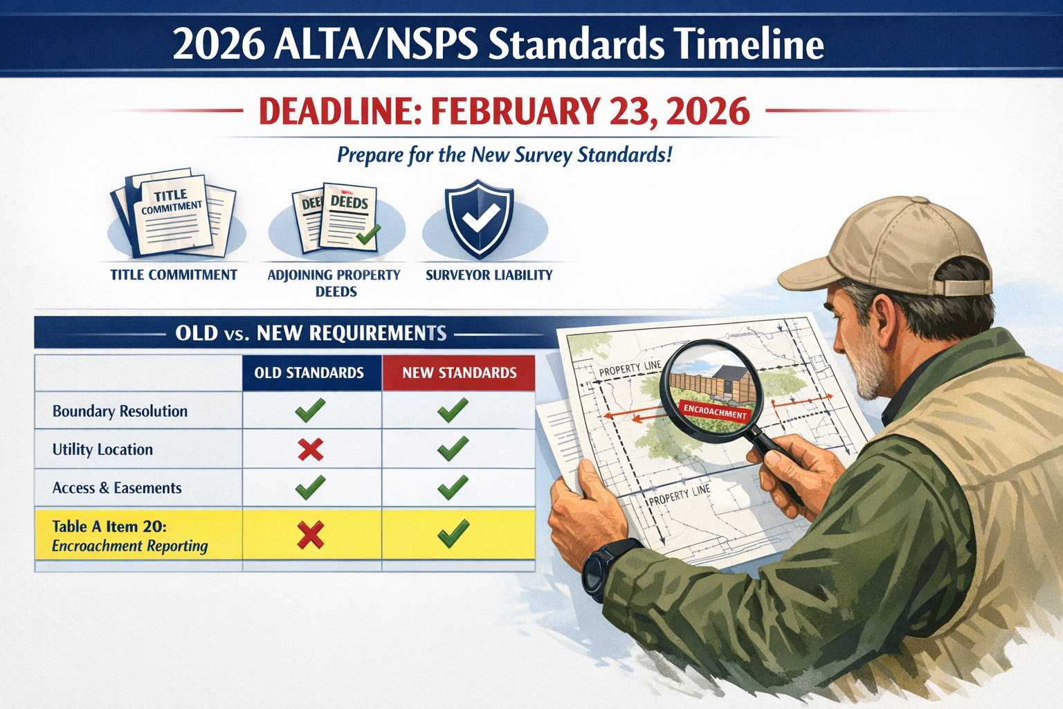 Detailed landscape format (1536x1024) infographic showing the 2026 ALTA/NSPS standards timeline with February 23, 2026 deadline prominently 