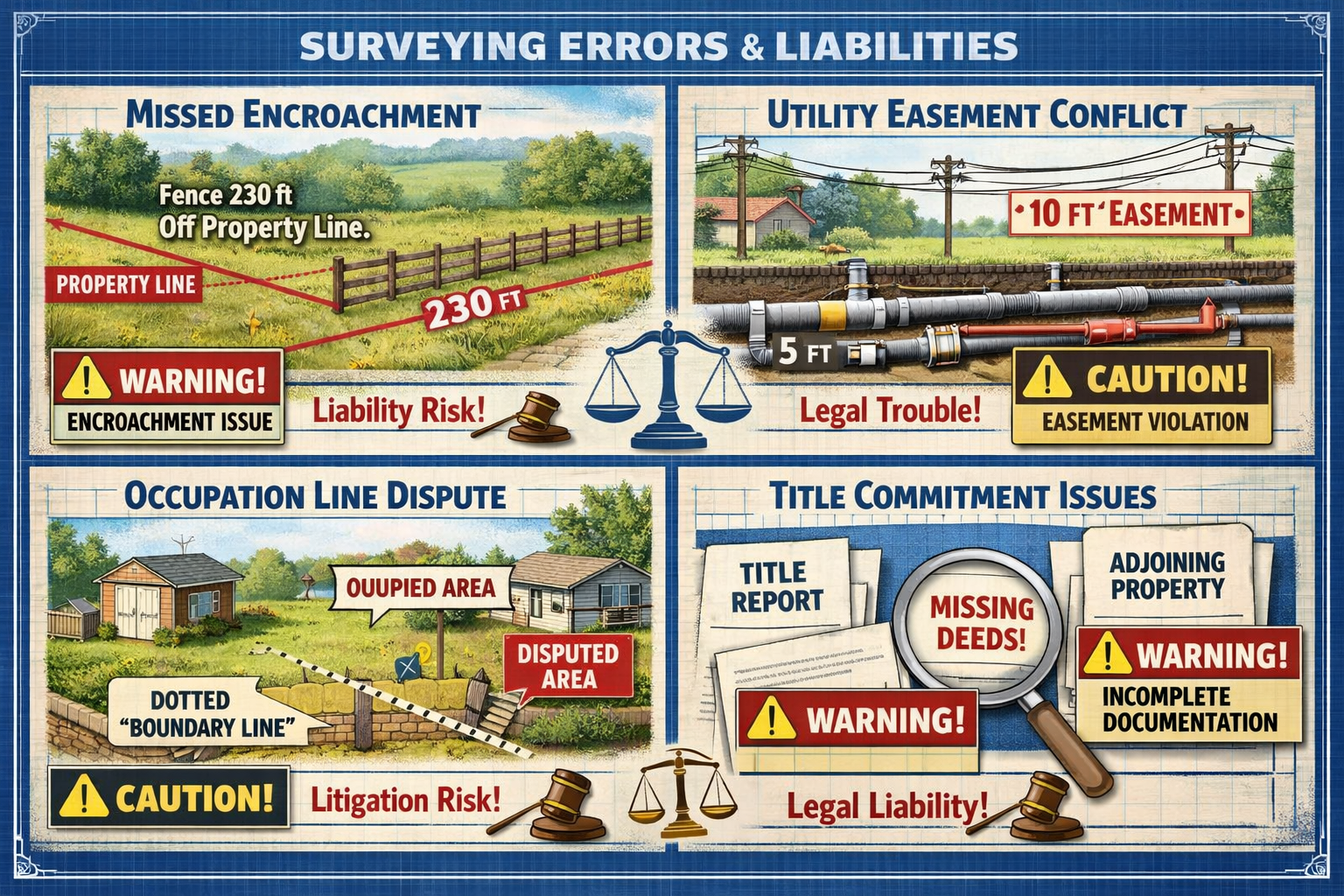 Detailed landscape format (1536x1024) conceptual illustration depicting common surveying errors and liability scenarios. Split-screen compos