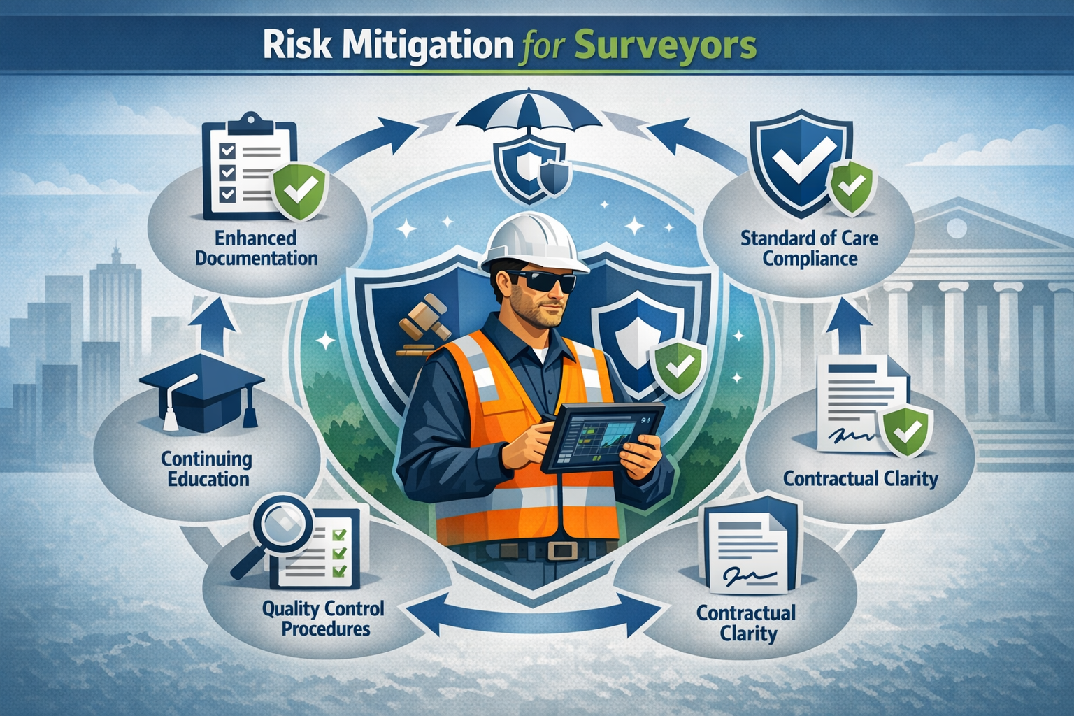 Detailed landscape format (1536x1024) professional illustration showing comprehensive risk mitigation strategies for surveyors. Central imag