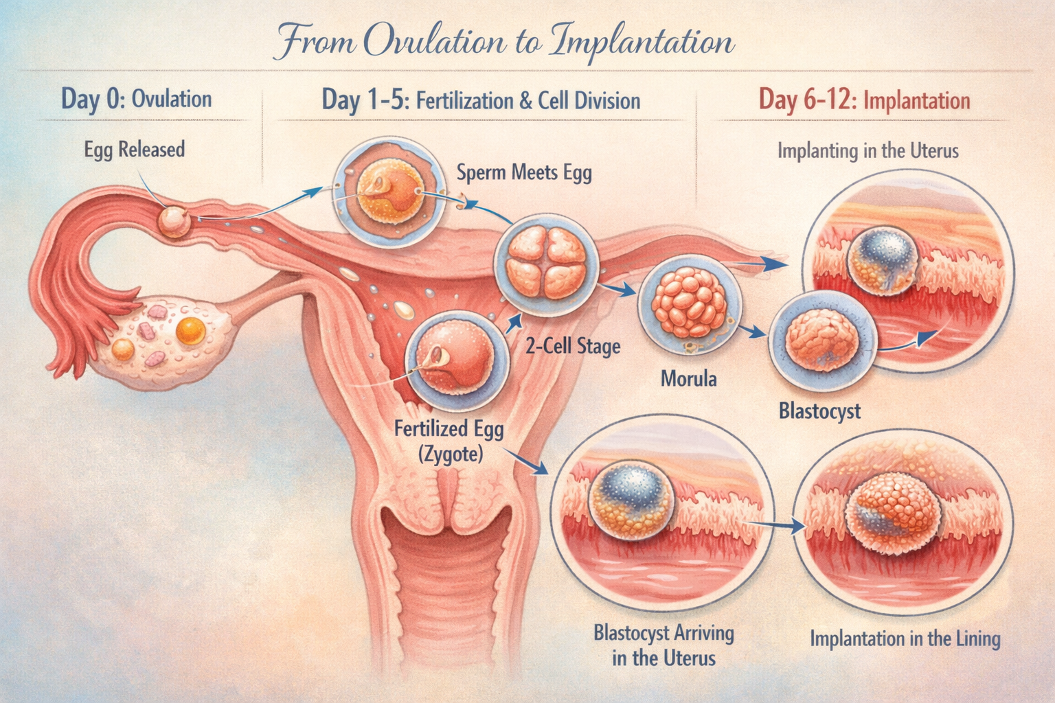 A detailed illustration showing a timeline of events from ovulation to implantation, with specific days marked (Day 0: