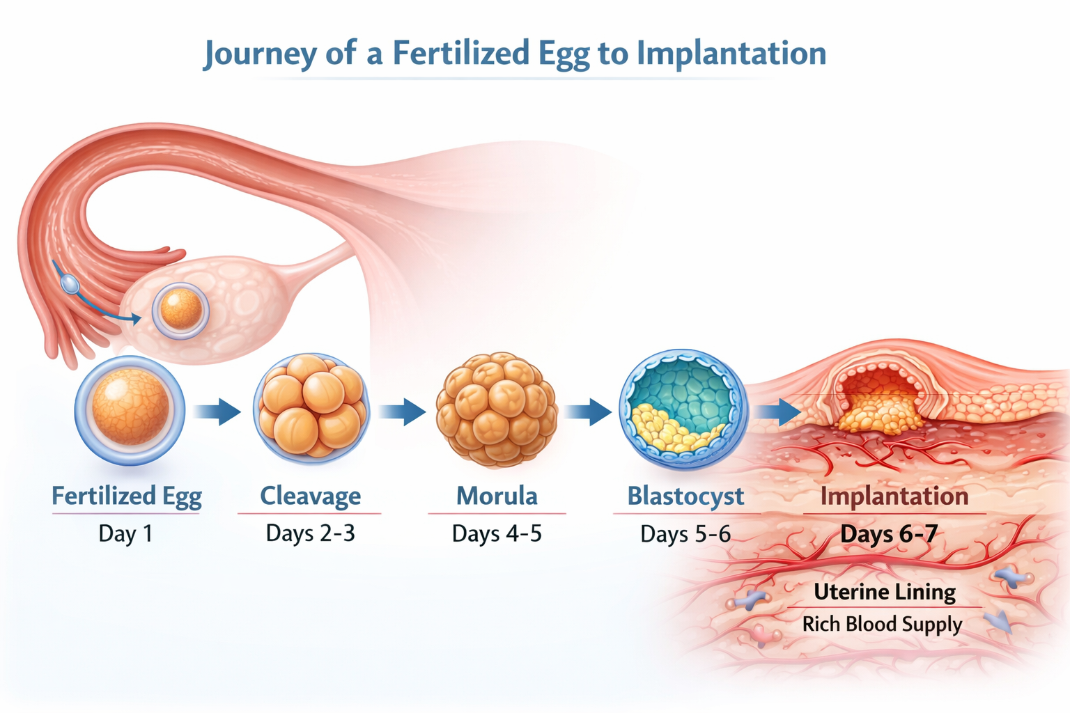An infographic detailing the journey of a fertilized egg from the fallopian tube to the uterus for implantation, visually
