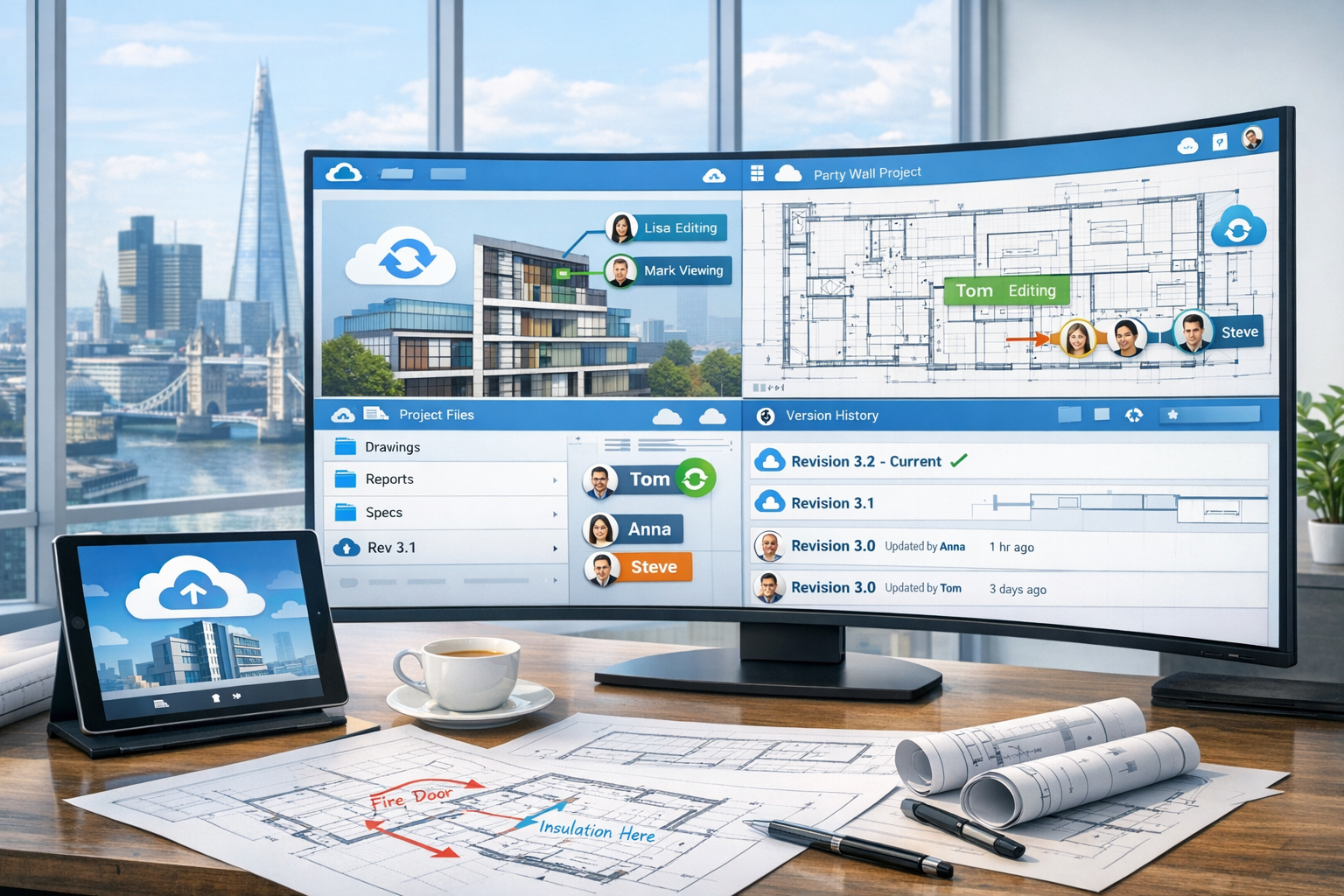 () professional workspace scene showing large curved monitor displaying cloud-based BIM platform interface with multiple