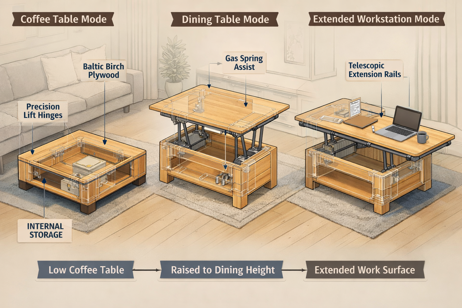 () image illustrating a detailed schematic diagram of a transforming coffee table, showcasing its various states: a low