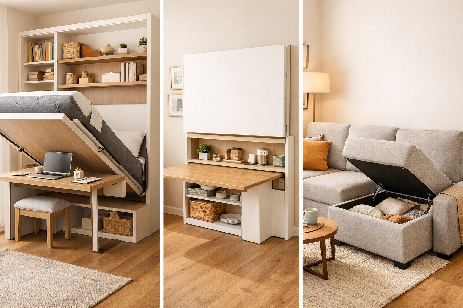 () image depicting three distinct examples of multi-functional furniture integrated into a small studio apartment. On the