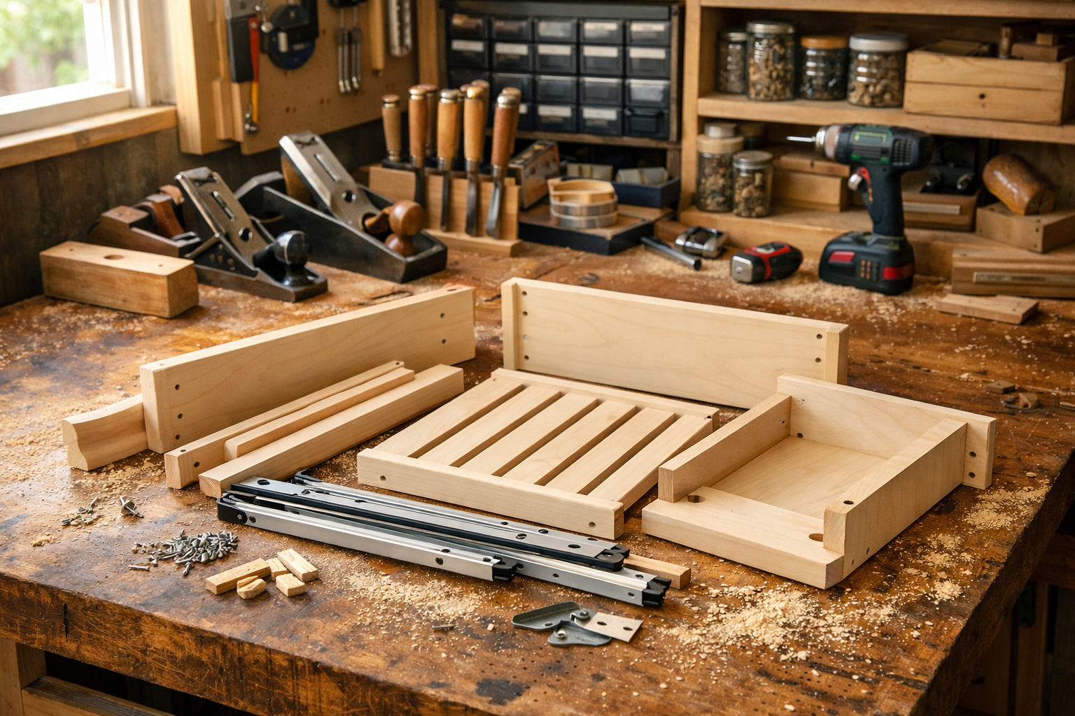 () image focusing on a DIY workbench in a compact woodworking shop, showcasing various woodworking tools (hand planes,