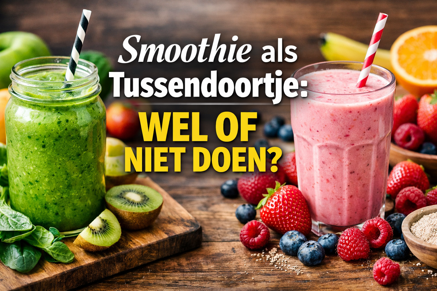 Professional landscape hero image (1536x1024) with bold text overlay: "Smoothie als Tussendoortje: Wel of Niet Doen?". Modern design, high c