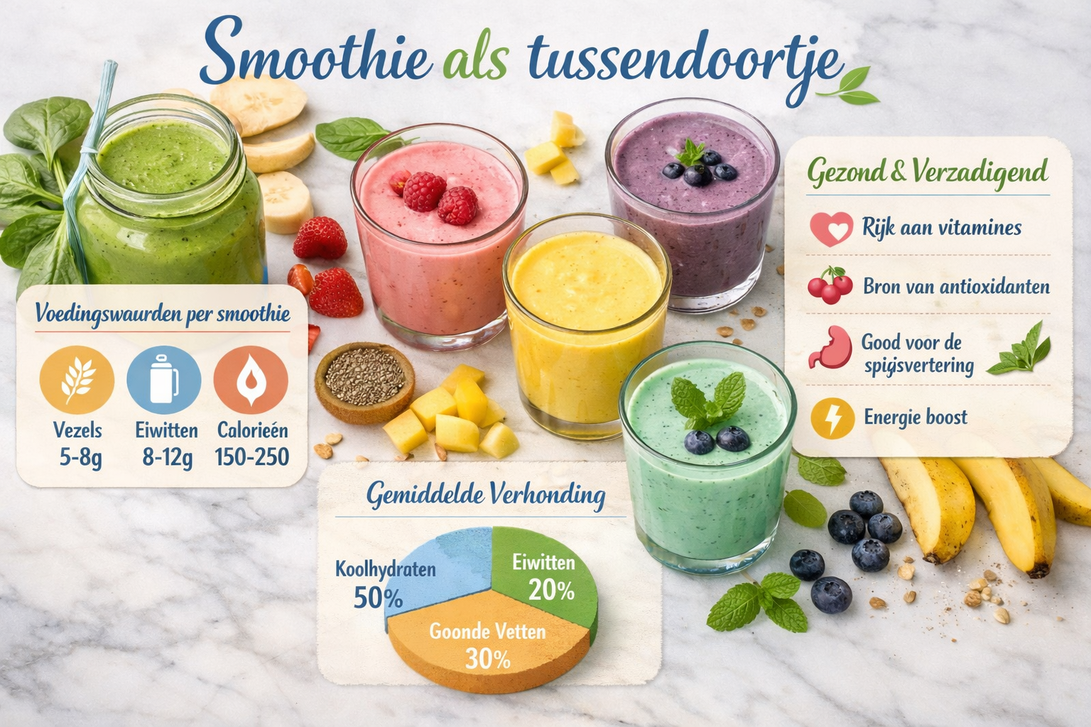 Editorial style overhead photo of multiple colorful smoothies arranged on a clean white marble countertop, with a summary infographic overla