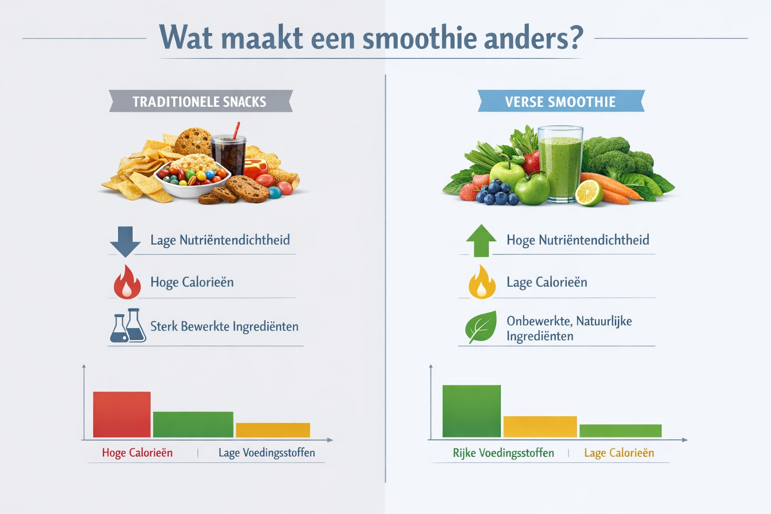 Comparative visual diagram explaining the unique characteristics of smoothies versus traditional snacks, using split-screen design. Left sid
