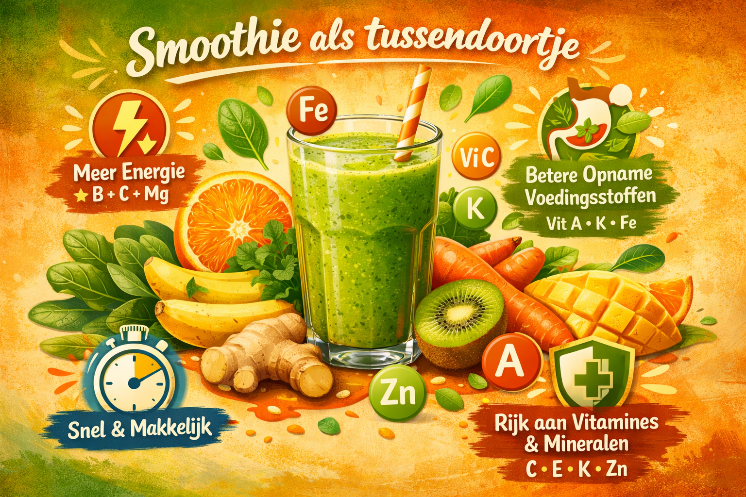 Dynamic health-focused image depicting the advantages of smoothies as a snack, featuring a vibrant composition of whole fruits, vegetables,