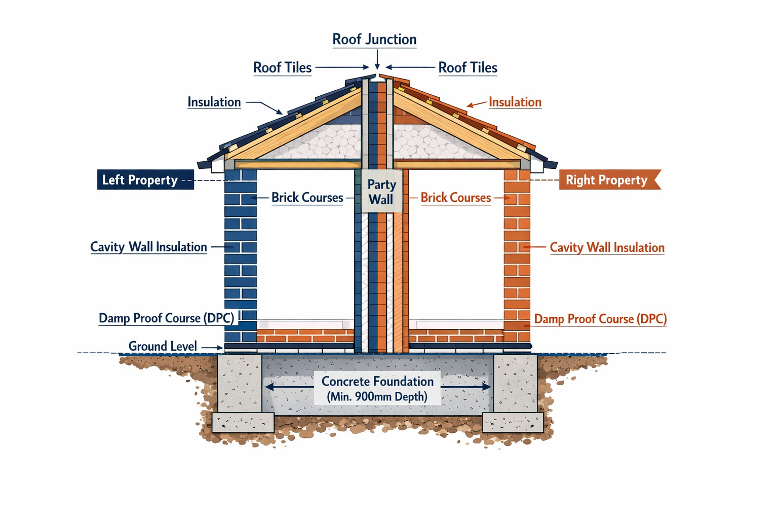 Detailed landscape editorial image (1536x1024) showing architectural cross-section diagram of semi detached party wall construction with lab