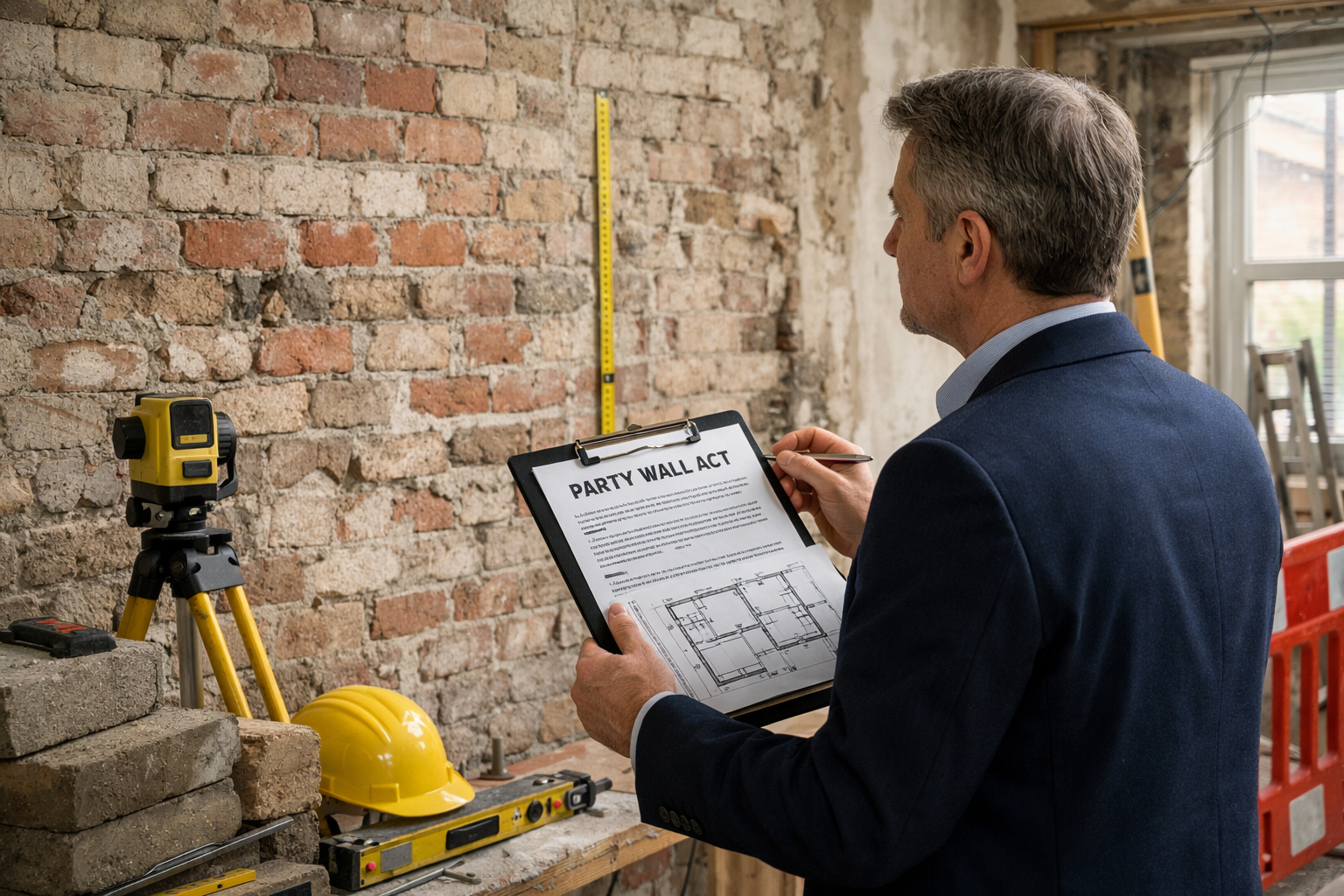 Professional landscape photograph (1536x1024) depicting party wall surveyor in business attire examining shared wall between two semi-detach