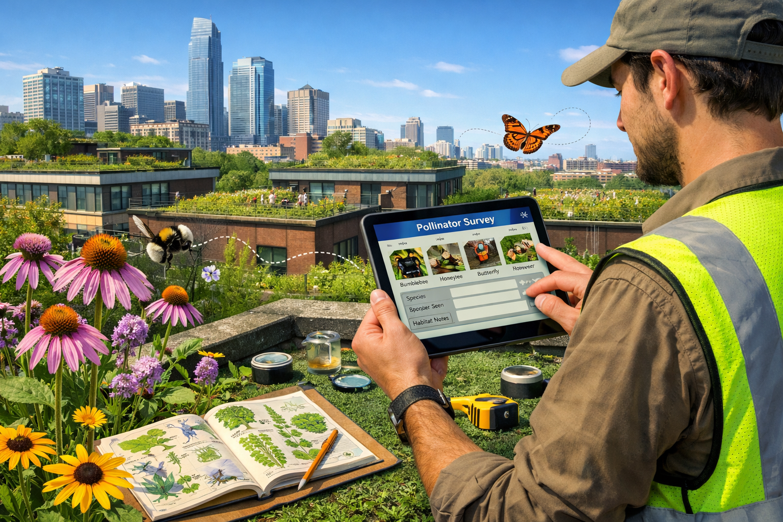 () detailed illustration showing city ecology surveyor conducting rooftop garden biodiversity assessment, wearing