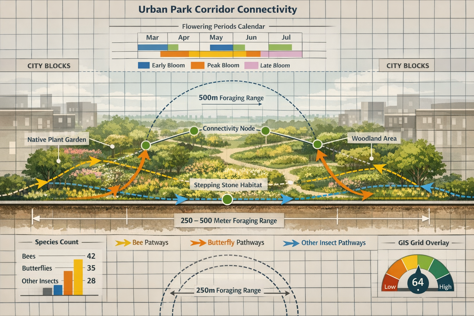 () technical infographic-style image showing cross-sectional view of linear urban park corridor stretching between city