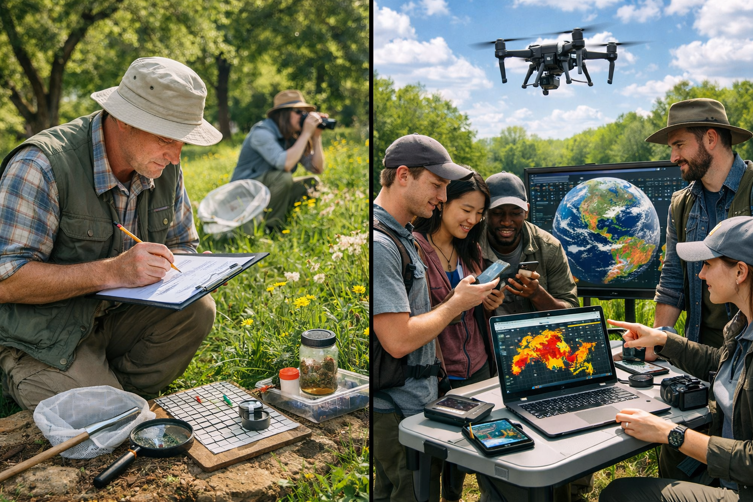 () split-screen composition showing comparison between traditional urban biodiversity survey methods and modern 2026
