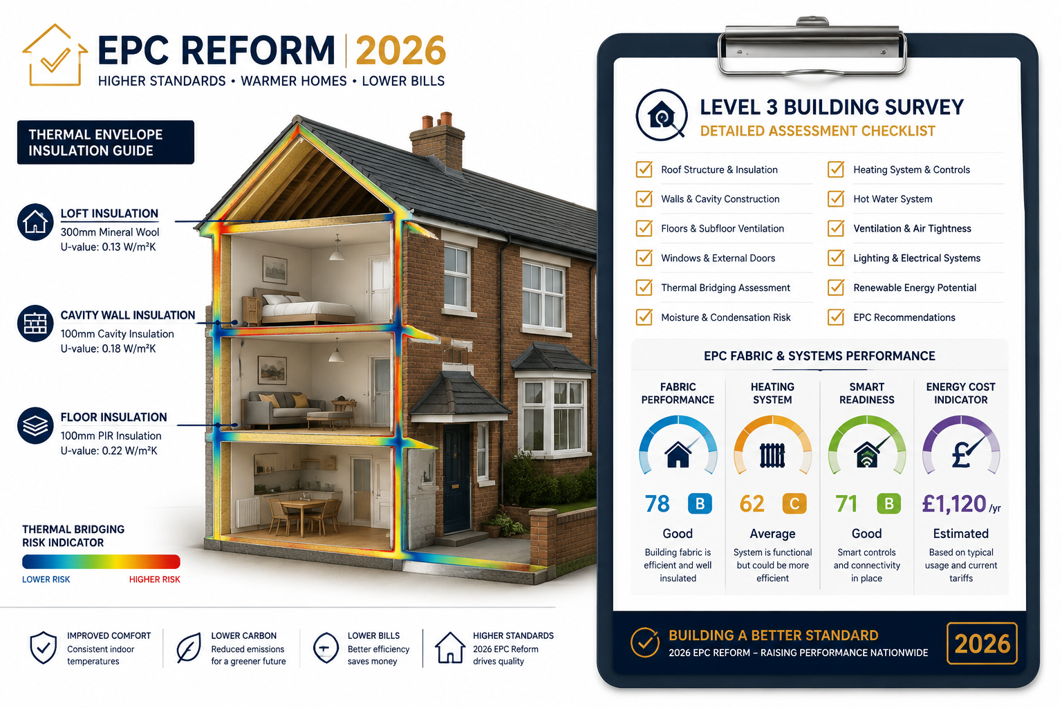 Detailed () showing a split-composition infographic: left half displays a modern UK semi-detached house cross-section with