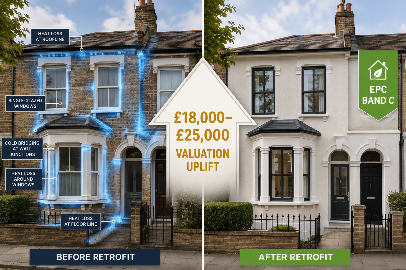 () showing a side-by-side property comparison scene: on the left, a pre-retrofit Victorian terraced house with visible cold