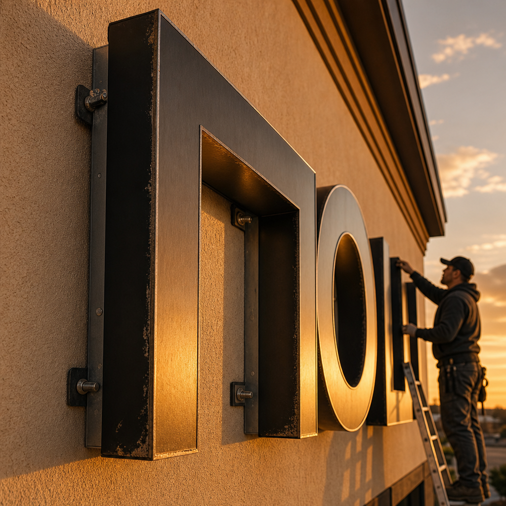 Close-up of an outdoor channel letter sign on a stucco facade at golden hour, with a technician on a ladder servicing it in the middle distance.