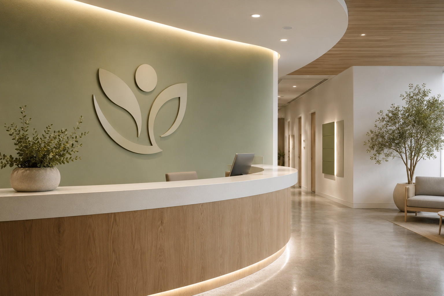 Interior of a modern medical office lobby with a large flat cut acrylic dimensional letter wall sign behind a curved reception desk, soft cove lighting, and a wayfinding directory in the background hallway.
