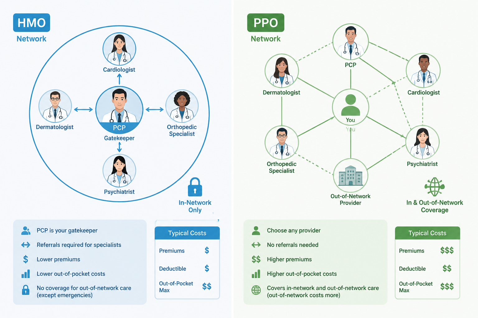 () detailed infographic-style illustration showing a side-by-side comparison of HMO vs PPO insurance plan structures for