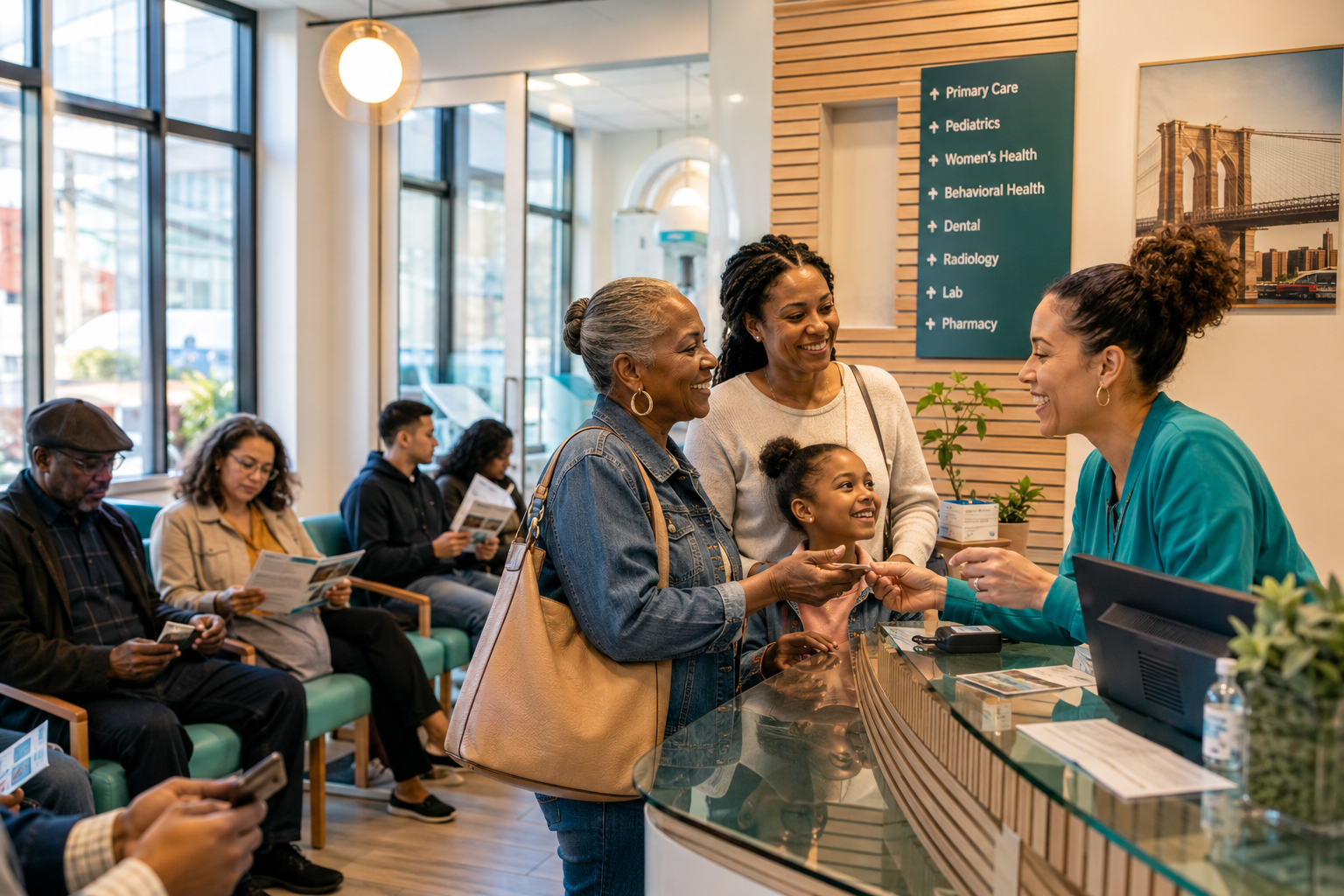 () showing a diverse group of Brooklyn patients of different ages and backgrounds in a modern multi-specialty medical