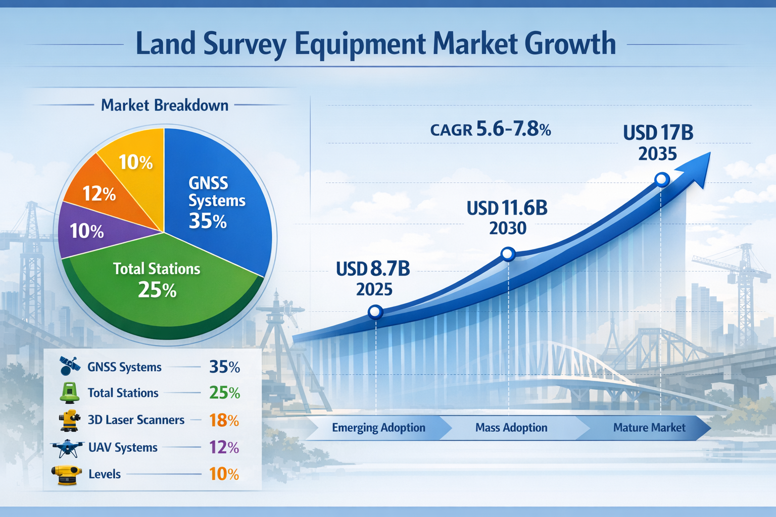 Detailed landscape format (1536x1024) infographic illustration showing the land survey equipment market growth trajectory from 2025 to 2035,