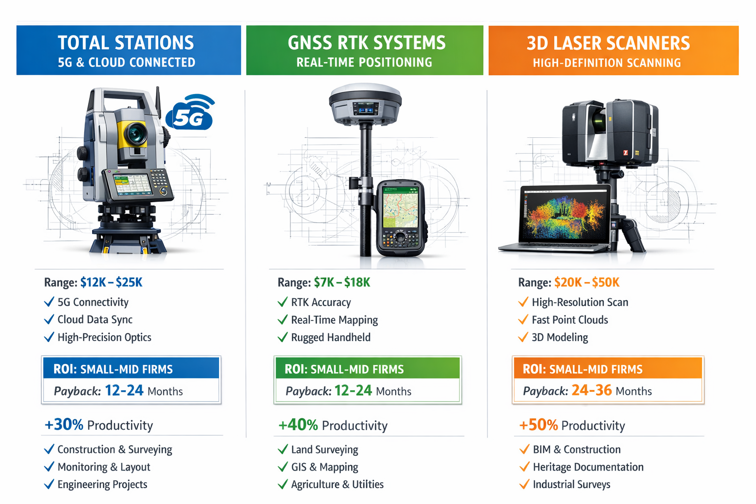 Detailed landscape format (1536x1024) comparison visualization showing three columns of modern surveying equipment: total stations with 5G c