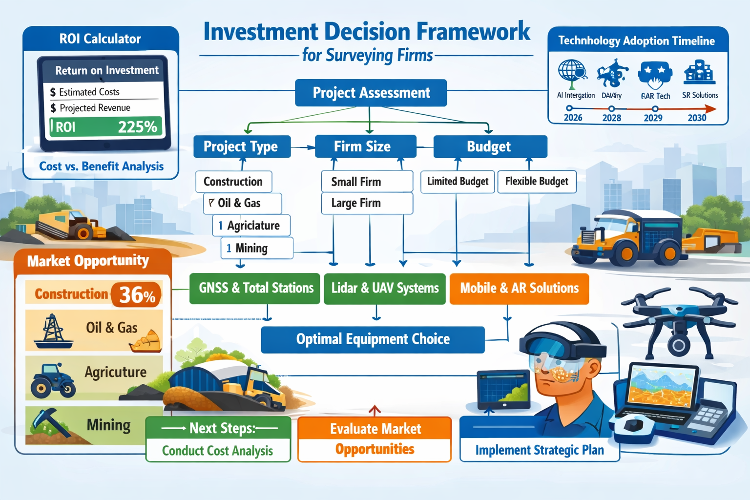 Detailed landscape format (1536x1024) strategic planning illustration for surveying firms showing investment decision framework. Central flo