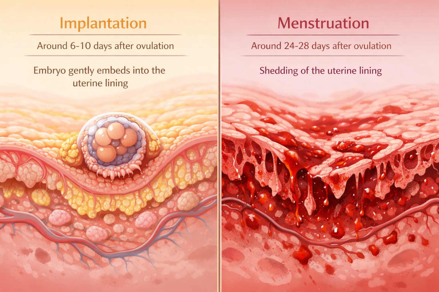 Detailed () illustration depicting the microscopic process of implantation, with a tiny embryo gently embedding into the